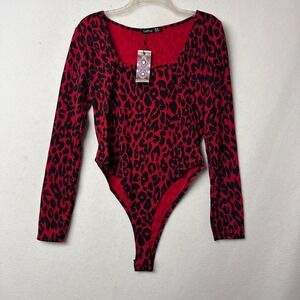 Boohoo Red Leopard Print Square Neck Long Sleeve Bodysuit Womens Size 12 NEW